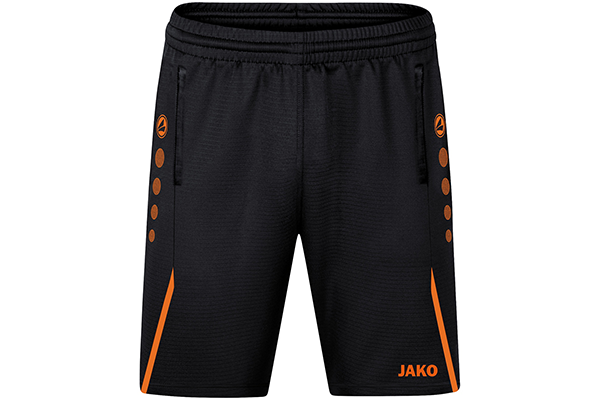 JAKO Trainingsshorts schwarz/orange – Veredelung mit Vereinslogo, Nummern und Initialen für Teams in Berlin & Brandenburg.
