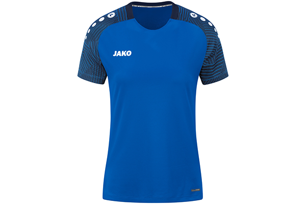 JAKO Damen-Trikot royalblau mit Musterärmeln – Veredelung mit Vereinslogo, Namen und Nummern in Berlin & Brandenburg.