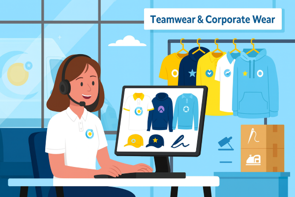 Illustration: Beratung zu Teamwear & Corporate Wear – Auswahl von Shirts, Hoodies, Caps und Veredelung im Online-Call.