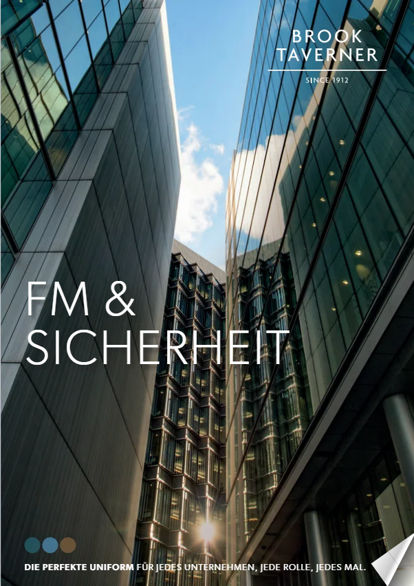 Titelbild Brook Taverner „FM & Sicherheit“ mit modernen Bürohochhäusern und Spiegelglasfassaden