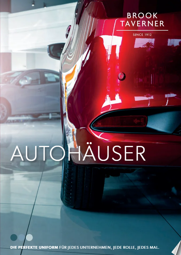 Titelbild Brook Taverner „Autohäuser“ mit rotem Fahrzeug im Showroom und Lackreflexen