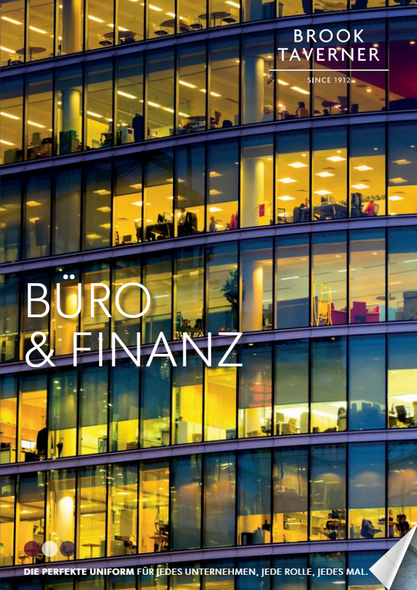 Katalogcover „Büro & Finanz“ von Brook Taverner mit beleuchtetem Bürohochhaus bei Abenddämmerung