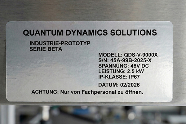 Silbernes Typenschild-Aufkleber auf Metalloberfläche, laserbeschriftet mit Modell, S/N, Spannung, Leistung und IP67