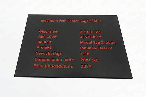Lasergraviertes Kunststoff-Typenschild – schwarz/rot Schwarzes Kunststoff-Typenschild mit roter CO₂-Lasergravur für Inventar- und Projektdaten