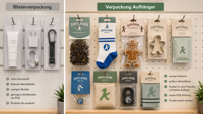 Vergleich: Blisterverpackung vs. Verpackungs-Aufhänger (Sattelreiter) für Ampelmann-Produkte am Pegboard – weniger Material, bessere Sichtbarkeit