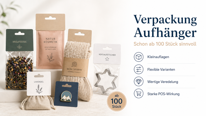 Verpackungsaufhänger für Tee, Kosmetik, Socken und Backzubehör mit Euroloch – flexible POS-Lösung ab 100 Stück
