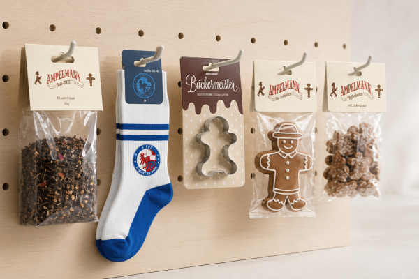 Verpackungsanhänger im Einsatz: Ampelmann-Tee, Turbine-Potsdam-Socken mit Sattelreiter, „Bäckermeister“-Ausstechform, Lebkuchenmann und gebrannte Mandeln am Pegboard.