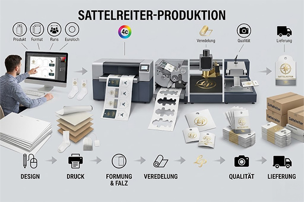 Infografik „Sattelreiter-Produktion“: Ablauf von Design über Druck, Formung/Falz und Veredelung bis Qualitätskontrolle und Lieferung.