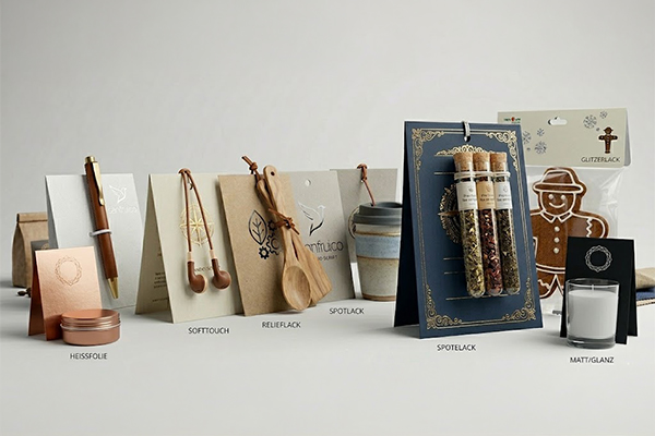 Verpackungsaufhänger mit Veredelungen im Vergleich: Heißfolie, Softtouch, Relieflack, Spotlack, Glitzerlack sowie Matt/Glanz – Muster auf Tisch arrangiert.